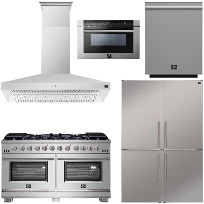 FORNO Appliance Package - 60" Chef Door Gas Range, Range Hood, 46.8" Custodia Refrigerator with Bottom Freezer and Ice Maker, Dishwasher, 24" Microwave Drawer in Stainless Steel, AP-FFSGS6260-60-D