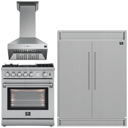 FORNO Appliance Package - 30" Gas Range, 30" Range Hood, 60" Refrigerator, AP-FFSGS6276-30-W-4