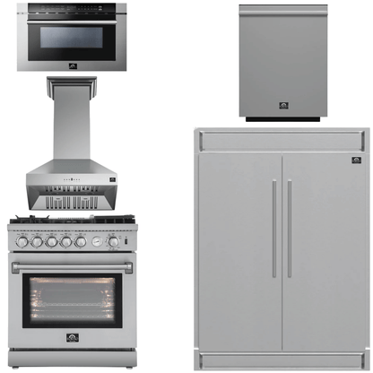 FORNO Appliance Package - 30" Gas Range, 30" Range Hood, 60" Refrigerator, Dishwasher, Microwave Drawer, AP-FFSGS6276-30-W-8