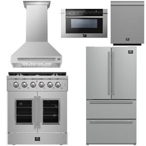 FORNO Galiano Package - 30" French Door Gas Range, Range Hood, 36" Refrigerator with Ice Maker, Dishwasher, 24" Microwave Drawer in Stainless Steel, AP-FFSGS6444-30-C