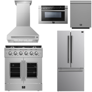 FORNO Galiano Package - 30" French Door Gas Range, Range Hood, 30" French Door Refrigerator with Ice Maker, Dishwasher, 24" Microwave Drawer in Stainless Steel, AP-FFSGS6444-30-D