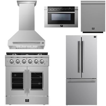 FORNO Galiano Package - 30" French Door Gas Range, Range Hood, 30" French Door Refrigerator with Ice Maker, Dishwasher, 24" Microwave Drawer in Stainless Steel, AP-FFSGS6444-30-D