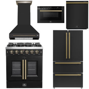FORNO Galiano Package - 30" French Door Gas Range, Range Hood, 36" Refrigerator with Ice Maker, Dishwasher, 24" Microwave Drawer in Black with Antique Brass Accents, AP-FFSGS6444-30BLK-C