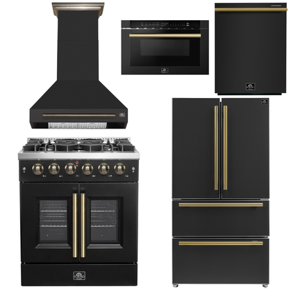 FORNO Galiano Package - 30" French Door Gas Range, Range Hood, 36" Refrigerator with Ice Maker, Dishwasher, 24" Microwave Drawer in Black with Antique Brass Accents, AP-FFSGS6444-30BLK-C
