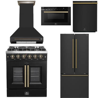 FORNO Galiano Package - 30" French Door Gas Range, Range Hood, 30" French Door Refrigerator with Ice Maker, Dishwasher, 24" Microwave Drawer in Black with Antique Brass Accents, AP-FFSGS6444-30BLK-D