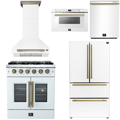 FORNO Galiano Package - 30" French Door Gas Range, Range Hood, 36" Refrigerator with Ice Maker, Dishwasher, 24" Microwave Drawer in White with Antique Brass Accents, AP-FFSGS6444-30WHT-C