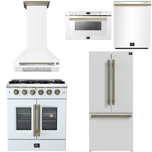FORNO Galiano Package - 30" French Door Gas Range, Range Hood, 30" French Door Refrigerator with Ice Maker, Dishwasher, 24" Microwave Drawer in White with Antique Brass Accents, AP-FFSGS6444-30WHT-D