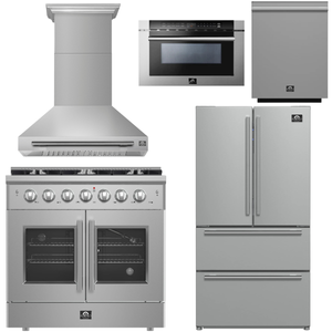 FORNO Galiano Package - 36" French Door Gas Range, Range Hood, 36" Refrigerator with Ice Maker, Dishwasher, 24" Microwave Drawer in Stainless Steel, AP-FFSGS6444-36-C