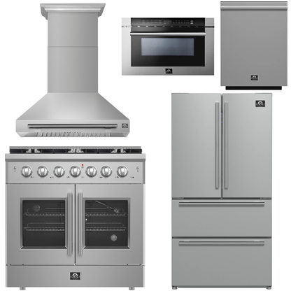 FORNO Galiano Package - 36" French Door Gas Range, Range Hood, 36" Refrigerator with Ice Maker, Dishwasher, 24" Microwave Drawer in Stainless Steel, AP-FFSGS6444-36-C