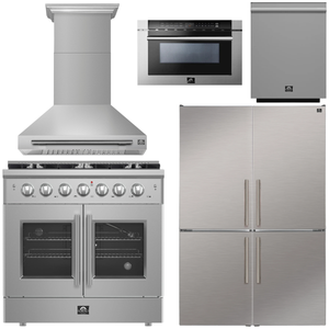 FORNO Galiano Package - 36" French Door Gas Range, Range Hood, 46.8" Refrigerator with Bottom Freezer and Ice Maker, Dishwasher, 24" Microwave Drawer in Stainless Steel, AP-FFSGS6444-36-D