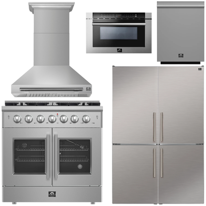 FORNO Galiano Package - 36" French Door Gas Range, Range Hood, 46.8" Refrigerator with Bottom Freezer and Ice Maker, Dishwasher, 24" Microwave Drawer in Stainless Steel, AP-FFSGS6444-36-D