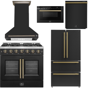 FORNO Galiano Package - 36" French Door Gas Range, Range Hood, 36" Refrigerator with Ice Maker, Dishwasher, 24" Microwave Drawer in Black with Antique Brass Accents, AP-FFSGS6444-36BLK-C