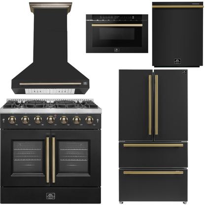 FORNO Galiano Package - 36" French Door Gas Range, Range Hood, 36" Refrigerator with Ice Maker, Dishwasher, 24" Microwave Drawer in Black with Antique Brass Accents, AP-FFSGS6444-36BLK-C