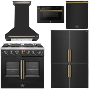 FORNO Galiano Package - 36" French Door Gas Range, Range Hood, 46.8" Refrigerator with Bottom Freezer and Ice Maker, Dishwasher, 24" Microwave Drawer in Black with Antique Brass Accents, AP-FFSGS6444-36BLK-D