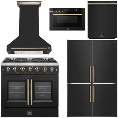 FORNO Galiano Package - 36" French Door Gas Range, Range Hood, 46.8" Refrigerator with Bottom Freezer and Ice Maker, Dishwasher, 24" Microwave Drawer in Black with Antique Brass Accents, AP-FFSGS6444-36BLK-D