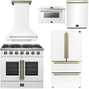 FORNO Galiano Package - 36" French Door Gas Range, Range Hood, 36" Refrigerator with Ice Maker, Dishwasher, 24" Microwave Drawer in White with Antique Brass Accents, AP-FFSGS6444-36WHT-C