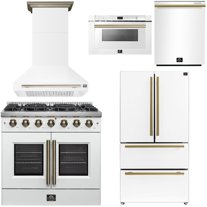 FORNO Galiano Package - 36" French Door Gas Range, Range Hood, 36" Refrigerator with Ice Maker, Dishwasher, 24" Microwave Drawer in White with Antique Brass Accents, AP-FFSGS6444-36WHT-C