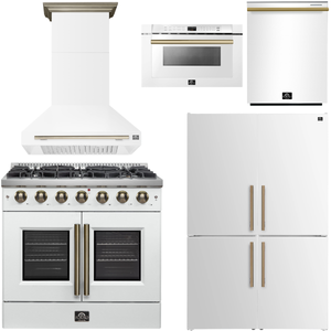 FORNO Galiano Package - 36" French Door Gas Range, Range Hood, 46.8" Refrigerator with Bottom Freezer and Ice Maker, Dishwasher, 24" Microwave Drawer in White with Antique Brass Accents, AP-FFSGS6444-36WHT-D
