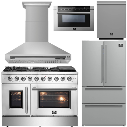 FORNO Galiano Package - 48" French Door Gas Range, Range Hood, 36" Refrigerator with Ice Maker, Dishwasher, 24" Microwave Drawer in Stainless Steel, AP-FFSGS6444-48-C