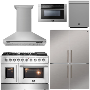 FORNO Galiano Package - 48" French Door Gas Range, Range Hood, 46.8" Refrigerator with Bottom Freezer and Ice Maker, Dishwasher, 24" Microwave Drawer in Stainless Steel, AP-FFSGS6444-48-D