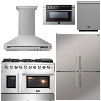 FORNO Galiano Package - 48" French Door Gas Range, Range Hood, 46.8" Refrigerator with Bottom Freezer and Ice Maker, Dishwasher, 24" Microwave Drawer in Stainless Steel, AP-FFSGS6444-48-D