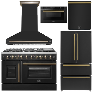 FORNO Galiano Package - 48" French Door Gas Range, Range Hood, 36" Refrigerator with Ice Maker, Dishwasher, 24" Microwave Drawer in Black with Antique Brass Accents, AP-FFSGS6444-48BLK-C