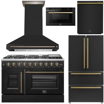 FORNO Galiano Package - 48" French Door Gas Range, Range Hood, 36" Refrigerator with Ice Maker, Dishwasher, 24" Microwave Drawer in Black with Antique Brass Accents, AP-FFSGS6444-48BLK-C
