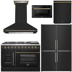 FORNO Galiano Package - 48" French Door Gas Range, Range Hood, 46.8" Refrigerator with Bottom Freezer and Ice Maker, Dishwasher, 24" Microwave Drawer in Black with Antique Brass Accents, AP-FFSGS6444-48BLK-D