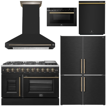 FORNO Galiano Package - 48" French Door Gas Range, Range Hood, 46.8" Refrigerator with Bottom Freezer and Ice Maker, Dishwasher, 24" Microwave Drawer in Black with Antique Brass Accents, AP-FFSGS6444-48BLK-D