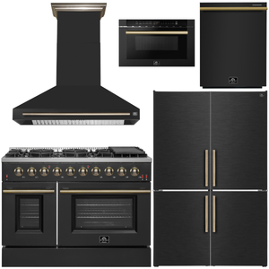 FORNO Galiano Package - 48" Chef Door Gas Range, Range Hood, 46.8" Refrigerator with Bottom Freezer and Ice Maker, Dishwasher, 24" Microwave Drawer in Black with Antique Brass Accents, AP-FFSGS6244-48BLK-D