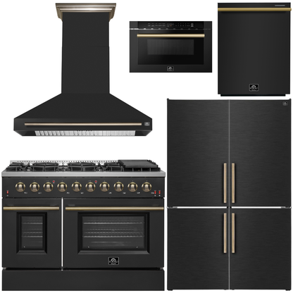 FORNO Galiano Package - 48" Chef Door Gas Range, Range Hood, 46.8" Refrigerator with Bottom Freezer and Ice Maker, Dishwasher, 24" Microwave Drawer in Black with Antique Brass Accents, AP-FFSGS6244-48BLK-D