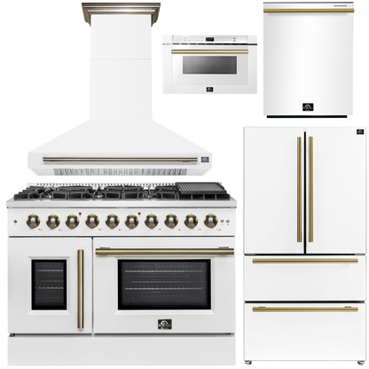 FORNO Galiano Package - 48" French Door Gas Range, Range Hood, 36" Refrigerator with Ice Maker, Dishwasher, 24" Microwave Drawer in White with Antique Brass Accents, AP-FFSGS6444-48WHT-C