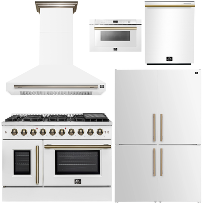 FORNO Galiano Package - 48" French Door Gas Range, Range Hood, 46.8" Refrigerator with Bottom Freezer and Ice Maker, Dishwasher, 24" Microwave Drawer in White with Antique Brass Accents, AP-FFSGS6444-48WHT-D