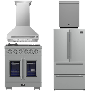 FORNO Appliance Package - 30" French Door Gas Range, Range Hood, 36" Refrigerator with Ice Maker, Dishwasher in Stainless Steel, AP-FFSGS6460-30-A