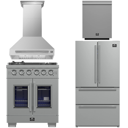 FORNO Appliance Package - 30" French Door Gas Range, Range Hood, 36" Refrigerator with Ice Maker, Dishwasher in Stainless Steel, AP-FFSGS6460-30-A