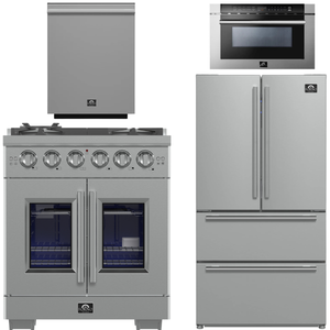 FORNO Appliance Package - 30" French Door Gas Range, 36" Refrigerator with Ice Maker, Dishwasher, 24" Microwave Drawer in Stainless Steel, AP-FFSGS6460-30-B