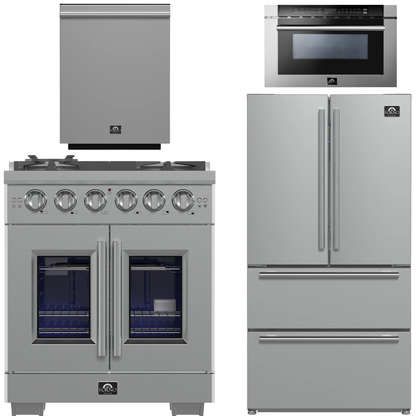 FORNO Appliance Package - 30" French Door Gas Range, 36" Refrigerator with Ice Maker, Dishwasher, 24" Microwave Drawer in Stainless Steel, AP-FFSGS6460-30-B