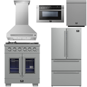 FORNO Appliance Package - 30" French Door Gas Range, Range Hood, 36" Refrigerator with Ice Maker, Dishwasher, 24" Microwave Drawer in Stainless Steel, AP-FFSGS6460-30-C