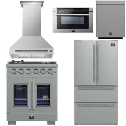 FORNO Appliance Package - 30" French Door Gas Range, Range Hood, 36" Refrigerator with Ice Maker, Dishwasher, 24" Microwave Drawer in Stainless Steel, AP-FFSGS6460-30-C