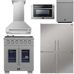 FORNO Appliance Package - 30" French Door Gas Range, Range Hood, 30" French Door Refrigerator with Ice Maker, Dishwasher, 24" Microwave Drawer in Stainless Steel, AP-FFSGS6460-30-D