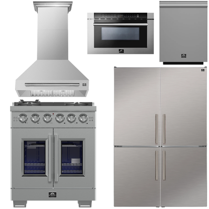 FORNO Appliance Package - 30" French Door Gas Range, Range Hood, 30" French Door Refrigerator with Ice Maker, Dishwasher, 24" Microwave Drawer in Stainless Steel, AP-FFSGS6460-30-D