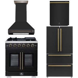FORNO Appliance Package - 30" French Door Gas Range, Range Hood, 36" Refrigerator with Ice Maker, Dishwasher in Black with Antique Brass Accents, AP-FFSGS6460-30BLK-A