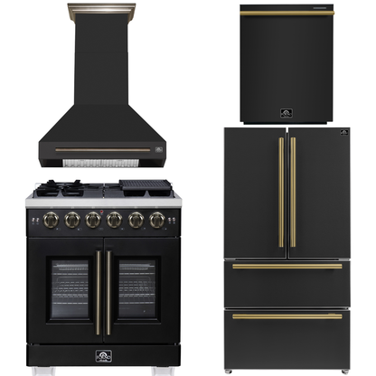 FORNO Appliance Package - 30" French Door Gas Range, Range Hood, 36" Refrigerator with Ice Maker, Dishwasher in Black with Antique Brass Accents, AP-FFSGS6460-30BLK-A