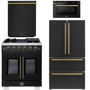 FORNO Appliance Package - 30" French Door Gas Range, 36" Refrigerator with Ice Maker, Dishwasher, 24" Microwave Drawer in Black with Antique Brass Accents, AP-FFSGS6460-30BLK-B