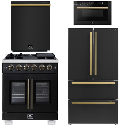 FORNO Appliance Package - 30" French Door Gas Range, 36" Refrigerator with Ice Maker, Dishwasher, 24" Microwave Drawer in Black with Antique Brass Accents, AP-FFSGS6460-30BLK-B