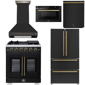 FORNO Appliance Package - 30" French Door Gas Range, Range Hood, 36" Refrigerator with Ice Maker, Dishwasher, 24" Microwave Drawer in Black with Antique Brass Accents, AP-FFSGS6460-30BLK-C