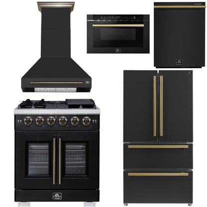FORNO Appliance Package - 30" French Door Gas Range, Range Hood, 36" Refrigerator with Ice Maker, Dishwasher, 24" Microwave Drawer in Black with Antique Brass Accents, AP-FFSGS6460-30BLK-C