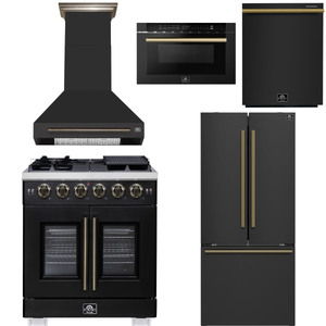 FORNO Appliance Package - 30" French Door Gas Range, Range Hood, 30" French Door Refrigerator with Ice Maker, Dishwasher, 24" Microwave Drawer in Black with Antique Brass Accents, AP-FFSGS6460-30BLK-D