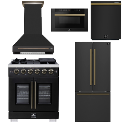 FORNO Appliance Package - 30" French Door Gas Range, Range Hood, 30" French Door Refrigerator with Ice Maker, Dishwasher, 24" Microwave Drawer in Black with Antique Brass Accents, AP-FFSGS6460-30BLK-D