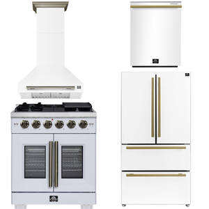 FORNO Appliance Package - 30" French Door Gas Range, Range Hood, 36" Refrigerator with Ice Maker, Dishwasher in White with Antique Brass Accents, AP-FFSGS6460-30WHT-A